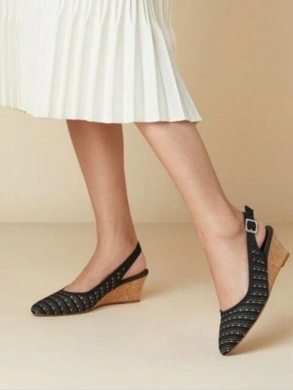 Vivaia Tamia slingback wedge sandals  black and cream knit cork wedge heel 39/8 - Picture 2 of 16